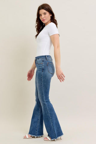 Judy Blue Mid Rise Vintage Wash Fray Hem Flare Denim Jeans 82670