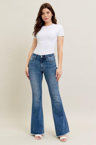 Judy Blue Mid Rise Vintage Wash Fray Hem Flare Denim Jeans 82670