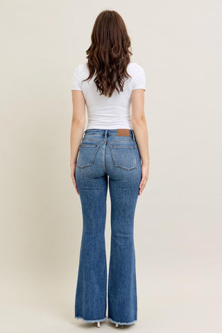 Judy Blue Mid Rise Vintage Wash Fray Hem Flare Denim Jeans 82670