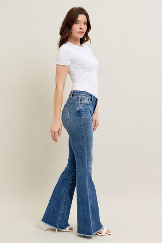 Judy Blue Mid Rise Vintage Wash Fray Hem Flare Denim Jeans 82670