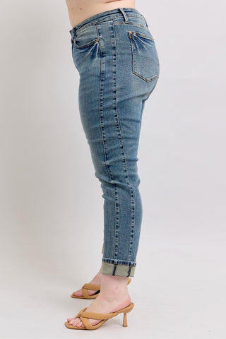 Judy Blue Mid Rise Vintage Wash SS Panel & Double Roll Cuff Boyfriend Denim Jeans 88946