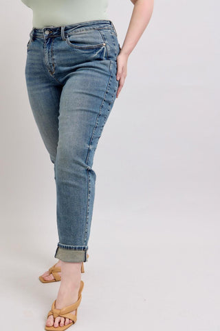 Judy Blue Mid Rise Vintage Wash SS Panel & Double Roll Cuff Boyfriend Denim Jeans 88946