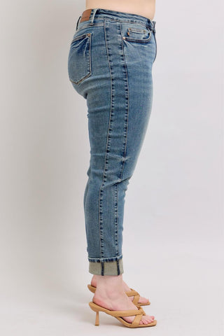 Judy Blue Mid Rise Vintage Wash SS Panel & Double Roll Cuff Boyfriend Denim Jeans 88946