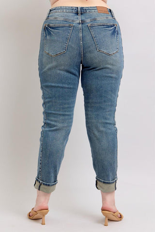 Judy Blue Mid Rise Vintage Wash SS Panel & Double Roll Cuff Boyfriend Denim Jeans 88946