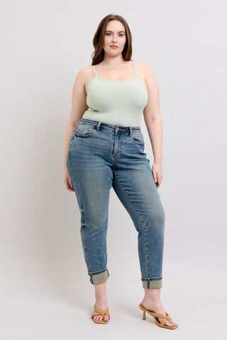 Judy Blue Mid Rise Vintage Wash SS Panel & Double Roll Cuff Boyfriend Denim Jeans 88946