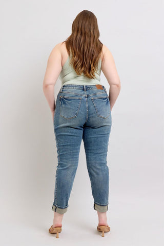 Judy Blue Mid Rise Vintage Wash SS Panel & Double Roll Cuff Boyfriend Denim Jeans 88946