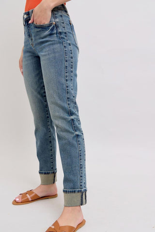 Judy Blue Mid Rise Vintage Wash SS Panel & Double Roll Cuff Boyfriend Denim Jeans 88946