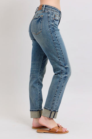 Judy Blue Mid Rise Vintage Wash SS Panel & Double Roll Cuff Boyfriend Denim Jeans 88946