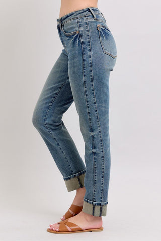 Judy Blue Mid Rise Vintage Wash SS Panel & Double Roll Cuff Boyfriend Denim Jeans 88946