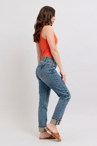 Judy Blue Mid Rise Vintage Wash SS Panel & Double Roll Cuff Boyfriend Denim Jeans 88946