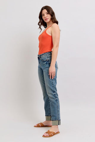 Judy Blue Mid Rise Vintage Wash SS Panel & Double Roll Cuff Boyfriend Denim Jeans 88946