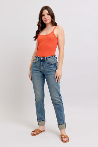 Judy Blue Mid Rise Vintage Wash SS Panel & Double Roll Cuff Boyfriend Denim Jeans 88946