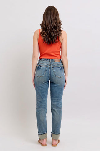 Judy Blue Mid Rise Vintage Wash SS Panel & Double Roll Cuff Boyfriend Denim Jeans 88946