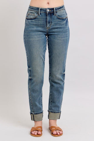 Judy Blue Mid Rise Vintage Wash SS Panel & Double Roll Cuff Boyfriend Denim Jeans 88946