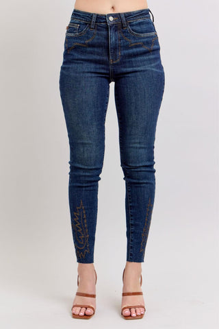 Judy Blue Mid Rise Western Embroidery Detail Skinny Denim Jeans 88269