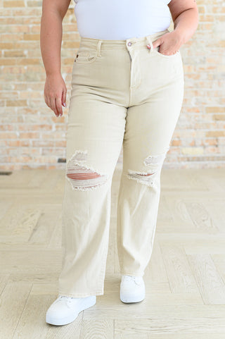 Judy Blue Selena High Rise Distressed 90's Straight Jeans in Bone - Exclusive