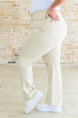 Judy Blue Selena High Rise Distressed 90's Straight Jeans in Bone - Exclusive