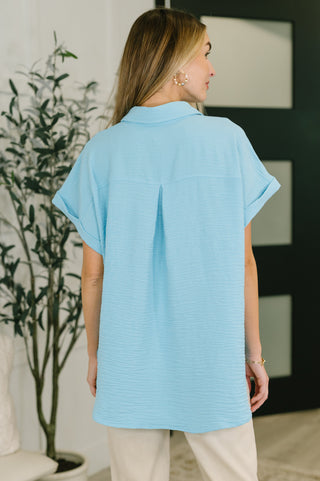 Zenana Keep Up Collared Button Down in Sky Blue