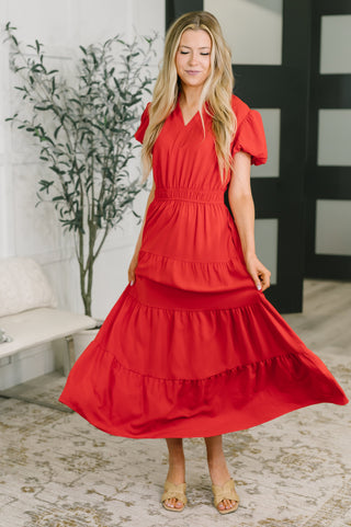 One Eleven North Keep You Coming Balloon Sleeve Tiered Dress in Red