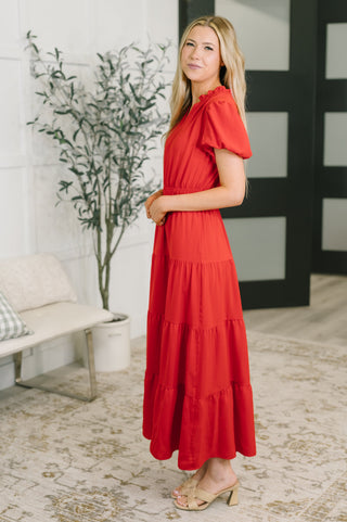 One Eleven North Keep You Coming Balloon Sleeve Tiered Dress in Red