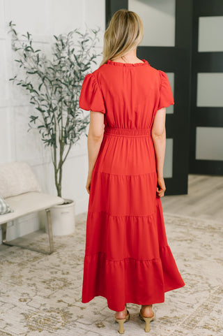 One Eleven North Keep You Coming Balloon Sleeve Tiered Dress in Red