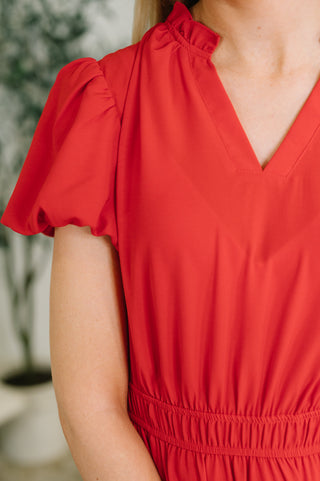 One Eleven North Keep You Coming Balloon Sleeve Tiered Dress in Red