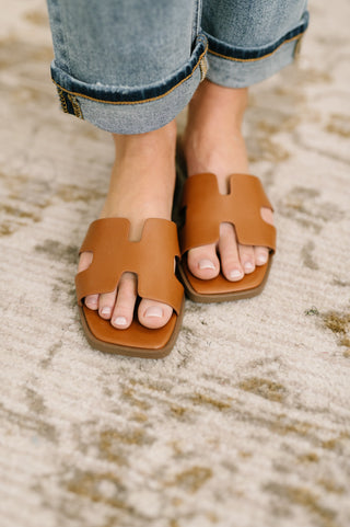 Soda Knit Square Toe Slide on Sandal in Cognac