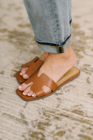 Soda Knit Square Toe Slide on Sandal in Cognac