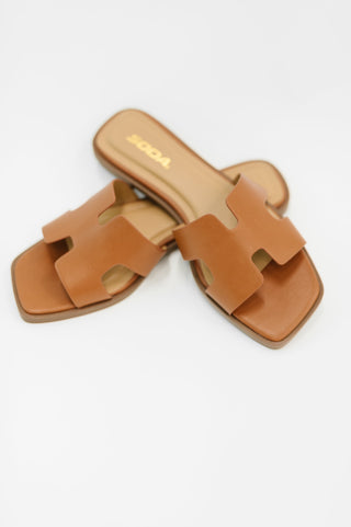 Soda Knit Square Toe Slide on Sandal in Cognac