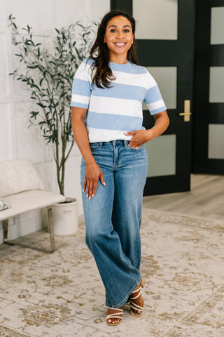 One Eleven North Known for a While Knit Blouse in White and Blue