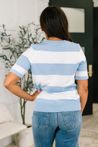 One Eleven North Known for a While Knit Blouse in White and Blue