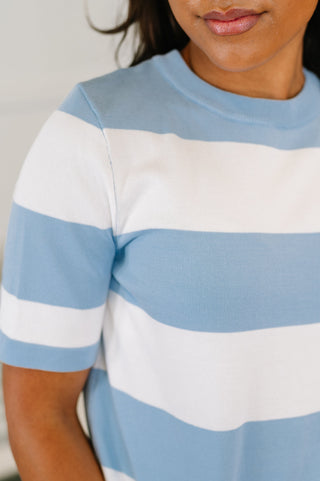 One Eleven North Known for a While Knit Blouse in White and Blue