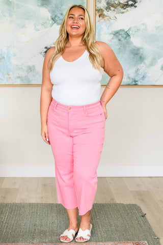 Judy Blue Lisa High Rise Control Top Wide Leg Crop Jeans in Pink - Exclusive