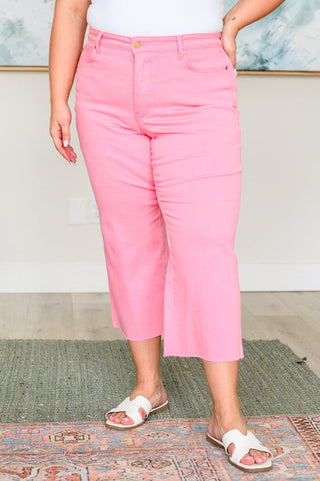 Judy Blue Lisa High Rise Control Top Wide Leg Crop Jeans in Pink - Exclusive