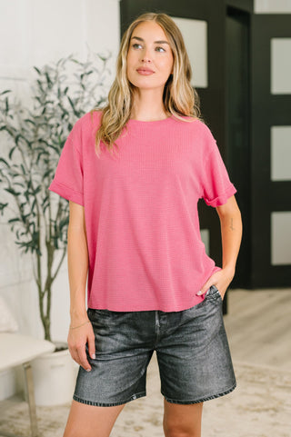 Dear Scarlett Leave It to Me Waffle Knit Relaxed Tee in Pink