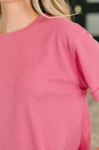 Dear Scarlett Leave It to Me Waffle Knit Relaxed Tee in Pink