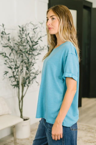 Dear Scarlett Leave It to Me Waffle Knit Relaxed Tee in Teal