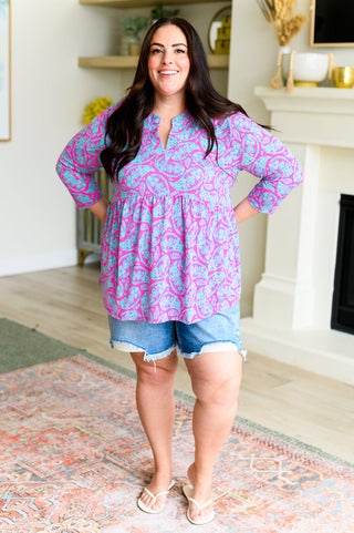 Dear Scarlett Lizzy Babydoll Top in Emerald and Pink Paisley