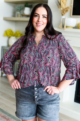Dear Scarlett Lizzy Bell Sleeve Top in Black and Pink Rope