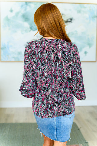 Dear Scarlett Lizzy Bell Sleeve Top in Black and Pink Rope