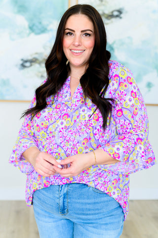 Dear Scarlett Lizzy Bell Sleeve Top in Lavender Retro Ditsy Floral