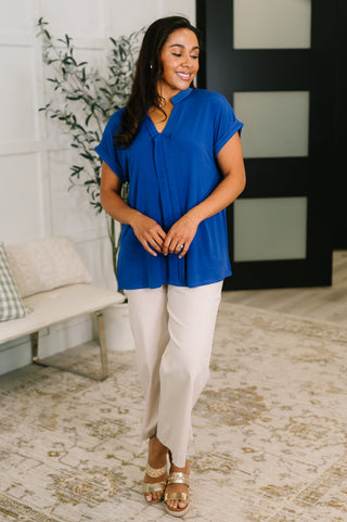 Dear Scarlett Lizzy Bloom Split Neck Blouse in Royal Blue