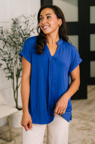 Dear Scarlett Lizzy Bloom Split Neck Blouse in Royal Blue