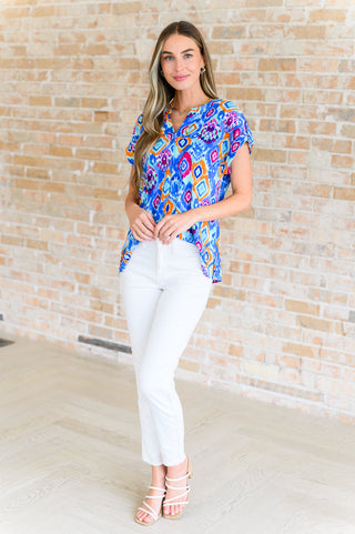 Dear Scarlett Lizzy Cap Sleeve Top in Blue and Magenta Ikat