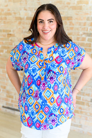 Dear Scarlett Lizzy Cap Sleeve Top in Blue and Magenta Ikat