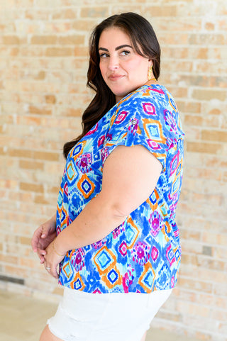 Dear Scarlett Lizzy Cap Sleeve Top in Blue and Magenta Ikat