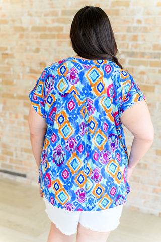 Dear Scarlett Lizzy Cap Sleeve Top in Blue and Magenta Ikat