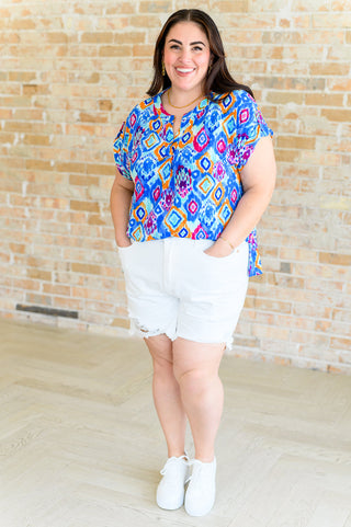 Dear Scarlett Lizzy Cap Sleeve Top in Blue and Magenta Ikat