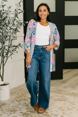 Dear Scarlett Lizzy Cardigan in Teal and Pink Floral Abstract