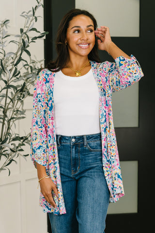 Dear Scarlett Lizzy Cardigan in Teal and Pink Floral Abstract
